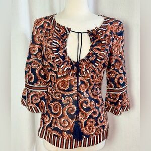Tory Burch Gwenna Tunic Blouse Sz 2 Cotton 3/4 Sleeve Swirl Print Navy Rust Boho